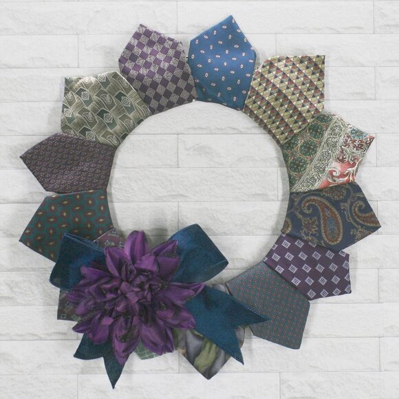 HAND CRAFTED Wreath Christmas Upcycled Necktie Teal Purple Decor Holiday Season - Picture 1 of 11